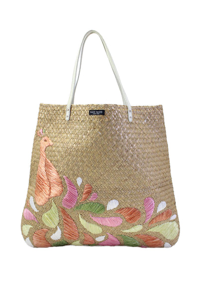 Kate Spade New York Straw Woven Peacock Design Reyna Tote Shoulder Handbag Beige