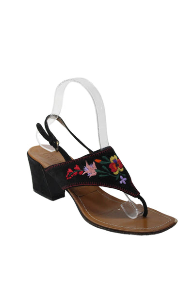 Miu Miu Womens Suede Floral Embroidered Slingback Thong Sandals Black Size 37 7