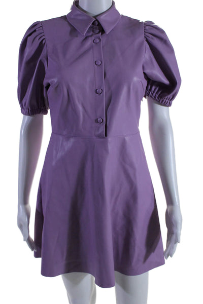 Zara Womens Faux Leather Collared Buttoned Puff Sleeve Dress Purple Size S