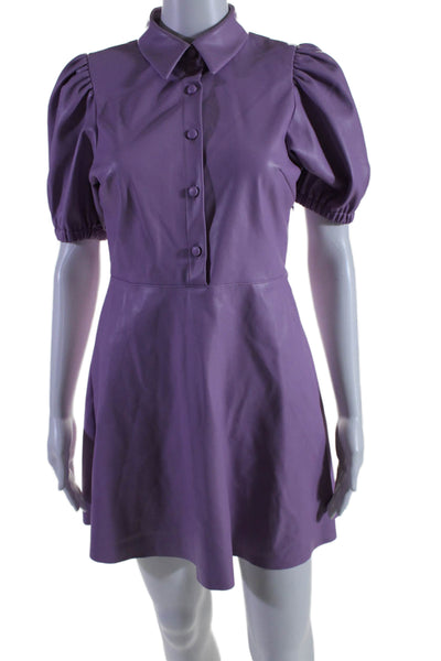 Zara Womens Faux Leather Collared Buttoned Puff Sleeve Dress Purple Size S