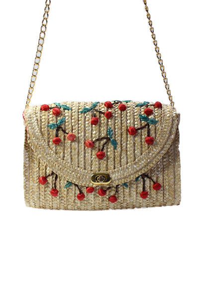 Designer Womens Raffia Floral Embroidered Turn Lock Shoulder Handbag Beige