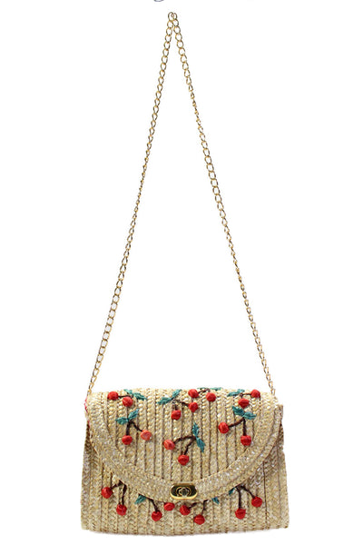 Designer Womens Raffia Floral Embroidered Turn Lock Shoulder Handbag Beige