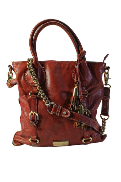 Badgley Mischka Grained Leather Tassel Accent Double Buckle Shoulder Handbag Red