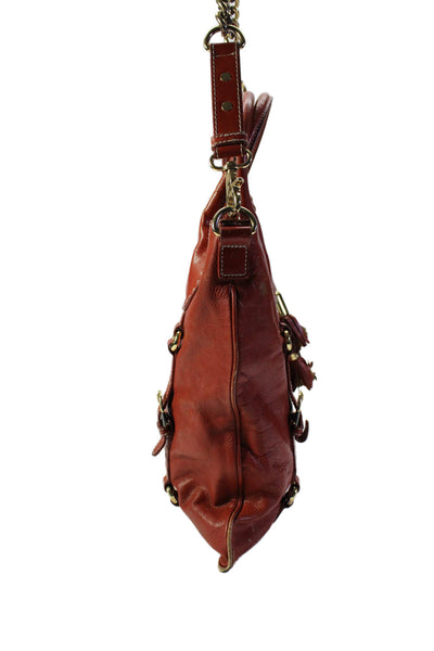 Badgley Mischka Grained Leather Tassel Accent Double Buckle Shoulder Handbag Red