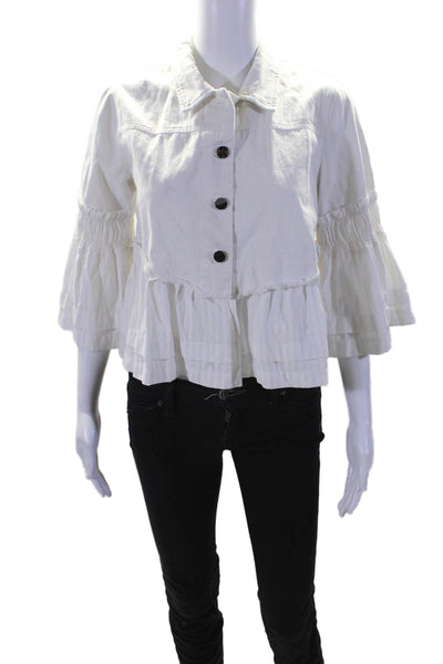 Mystree Women's Collared Long Sleeves Button Up Ruffle Jacket White Size S