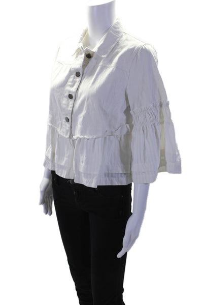 Mystree Women's Collared Long Sleeves Button Up Ruffle Jacket White Size S