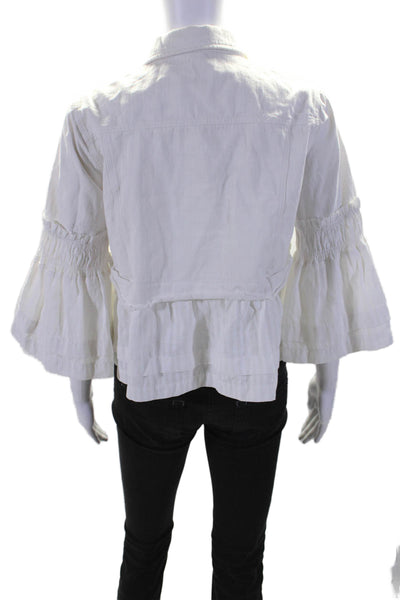 Mystree Women's Collared Long Sleeves Button Up Ruffle Jacket White Size S