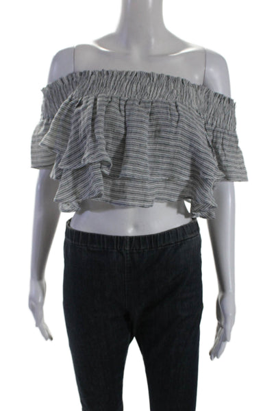 Apiece Apart Womens Striped Print Off The Shoulder Crop Top Blue White Size XS