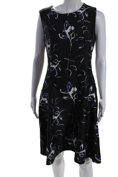 DKNY Womens Black Blue Printed Crew Neck Zip Back Sleeveless Shift Dress Size 8