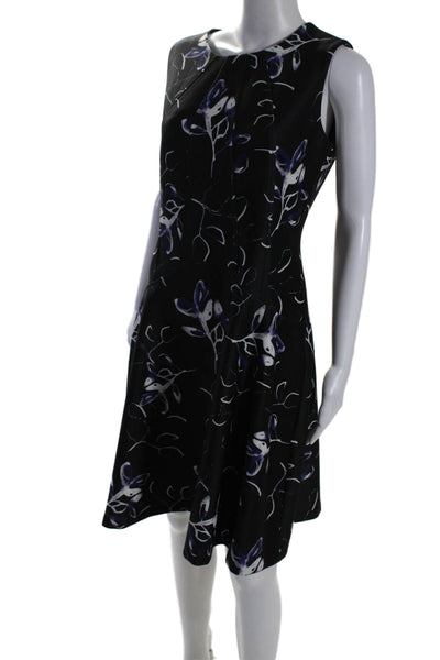 DKNY Womens Black Blue Printed Crew Neck Zip Back Sleeveless Shift Dress Size 8