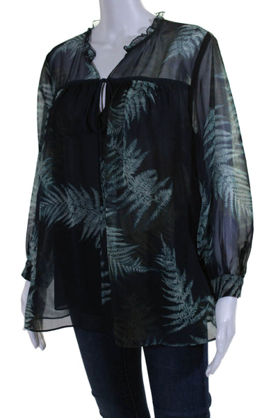 Reiss Womens Long Sleeve V Neck Leaf Printed Top Blouse Navy Green Size 8