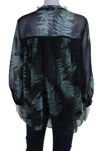 Reiss Womens Long Sleeve V Neck Leaf Printed Top Blouse Navy Green Size 8