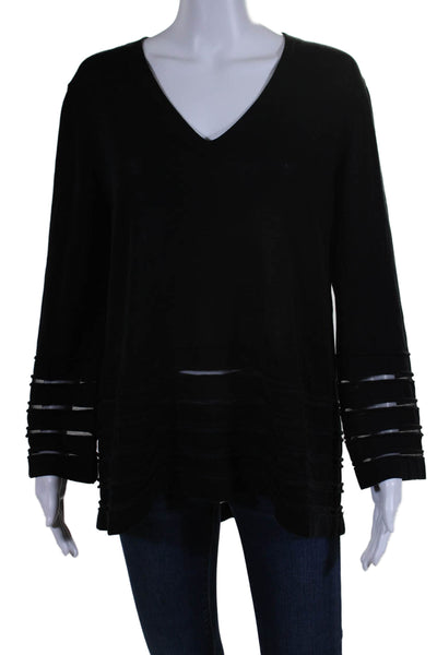 D. Exterior Womens Long Sleeve V Neck Striped Trim Sweater Black Cotton Medium