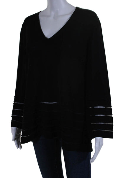 D. Exterior Womens Long Sleeve V Neck Striped Trim Sweater Black Cotton Medium