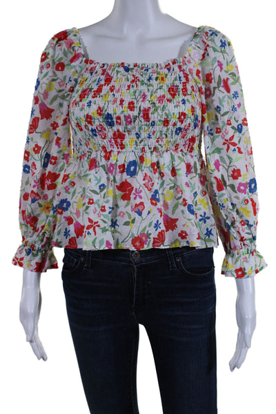 Crosby By Mollie Burch Womens 3/4 Sleeve Floral Smocked Top White Multi Size XS