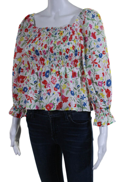 Crosby By Mollie Burch Womens 3/4 Sleeve Floral Smocked Top White Multi Size XS