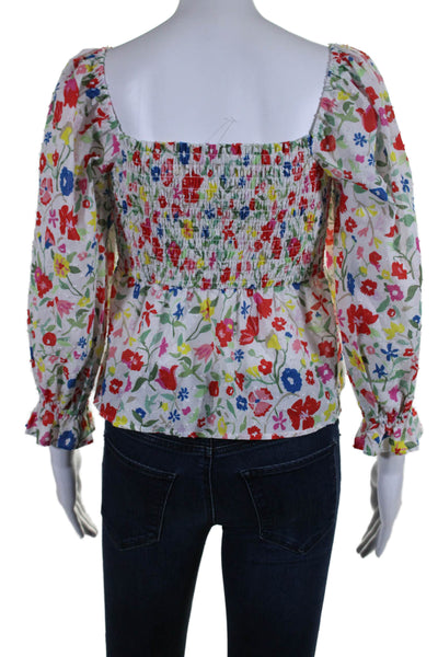 Crosby By Mollie Burch Womens 3/4 Sleeve Floral Smocked Top White Multi Size XS