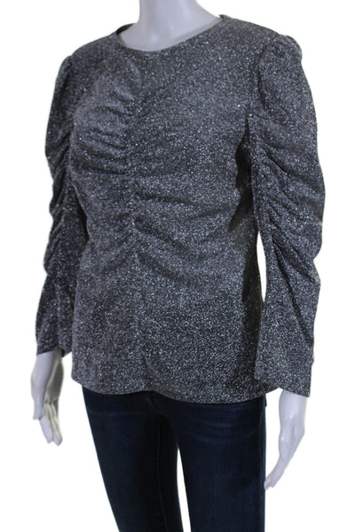 Rebecca Taylor Womens 3/4 Sleeve Scoop Neck Metallic Ruched Top Silver Large