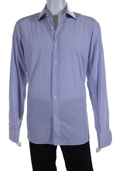 Canali Mens Cotton Striped Collared Long Sleeve Button Up Shirt Blue Size 43/17