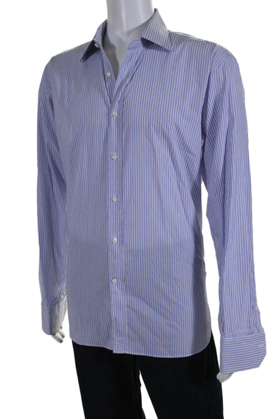 Canali Mens Cotton Striped Collared Long Sleeve Button Up Shirt Blue Size 43/17