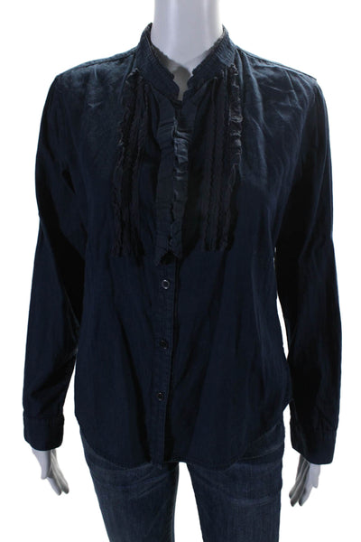 NSF Women's Round Neck Long Sleeves Button Down Shirt Navy Blue Size S