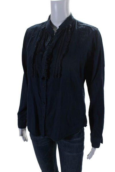 NSF Women's Round Neck Long Sleeves Button Down Shirt Navy Blue Size S