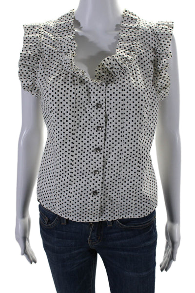 La Vie Womens Cotton Polka Dot Cap Sleeve Button Down Top White Black Size S