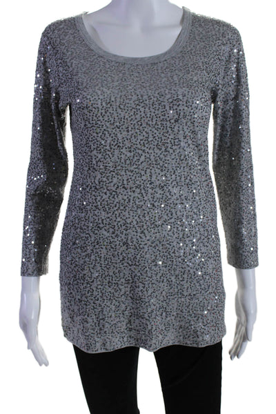 DKNY Womens 3/4 Sleeve Scoop Neck Sequin Tee Shirt Gray Cotton Size Small