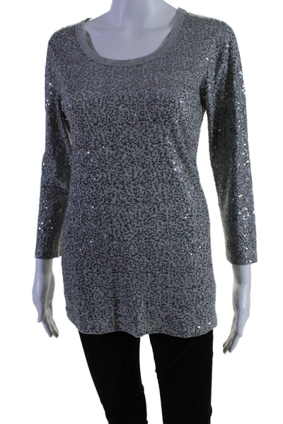 DKNY Womens 3/4 Sleeve Scoop Neck Sequin Tee Shirt Gray Cotton Size Small