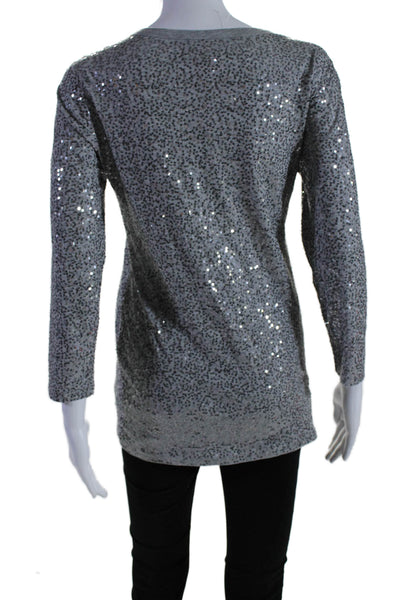 DKNY Womens 3/4 Sleeve Scoop Neck Sequin Tee Shirt Gray Cotton Size Small