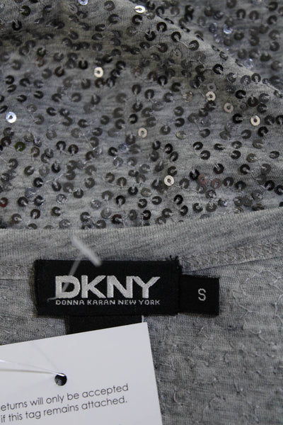 DKNY Womens 3/4 Sleeve Scoop Neck Sequin Tee Shirt Gray Cotton Size Small