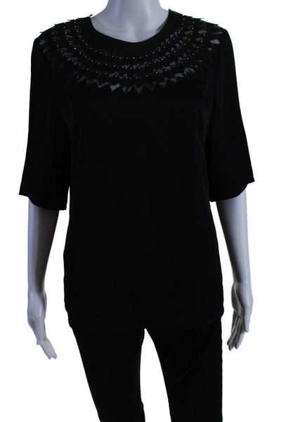 Milly Womens Short Sleeve Embroidered Crystal Round Neck Top Black Silk Size 10