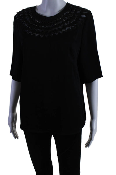 Milly Womens Short Sleeve Embroidered Crystal Round Neck Top Black Silk Size 10