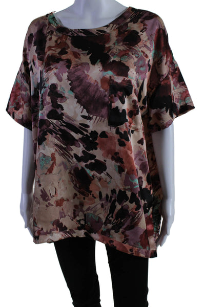 Misa Womens Short Sleeve Oversized Abstract Satin Top Brown Multi Size Small