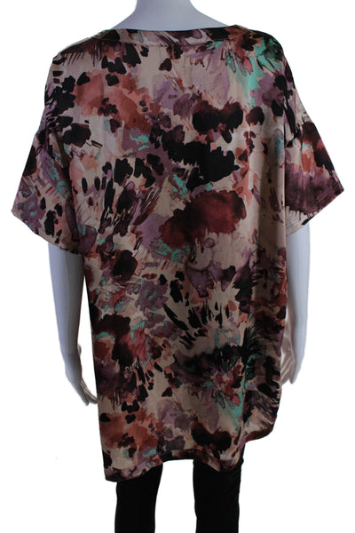 Misa Womens Short Sleeve Oversized Abstract Satin Top Brown Multi Size Small