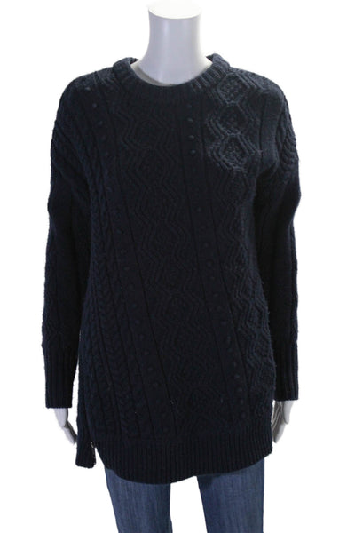 J Crew Women Cable Knit Crew Neck Sweater Navy Blue Wool Size Extra Small