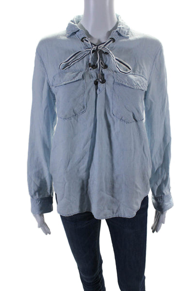 Rails Womens Collared Long Sleeve Lace Up V-Neck Matea Blouse Light Blue Size XS