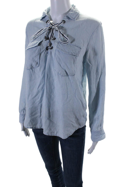 Rails Womens Collared Long Sleeve Lace Up V-Neck Matea Blouse Light Blue Size XS