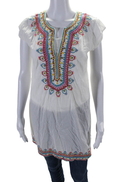 Calypso Saint Barth Womens Cotton Metallic V-Neck Lined Tunic Top White Size XS