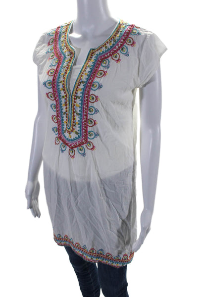 Calypso Saint Barth Womens Cotton Metallic V-Neck Lined Tunic Top White Size XS