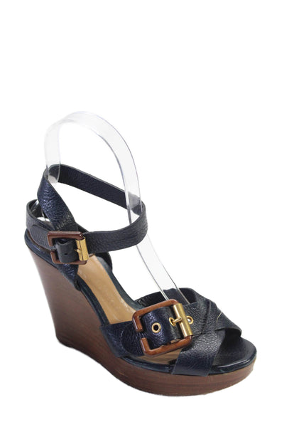 Chloe Womens Leather Peep Toe Strappy Buckle Closure Wedges Black Size 6