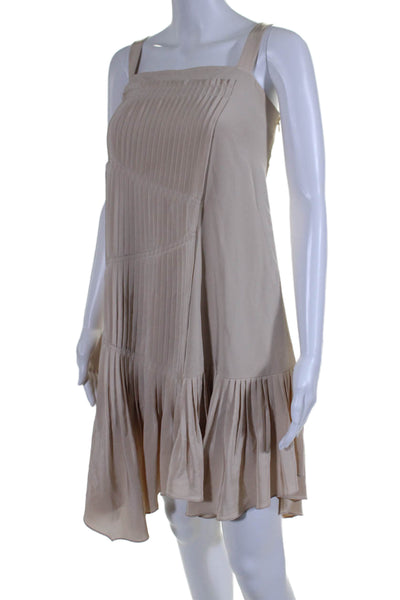 Tibi Women's Square Neck Sleeveless Wrap Pleated Mini Dress Beige Size 2