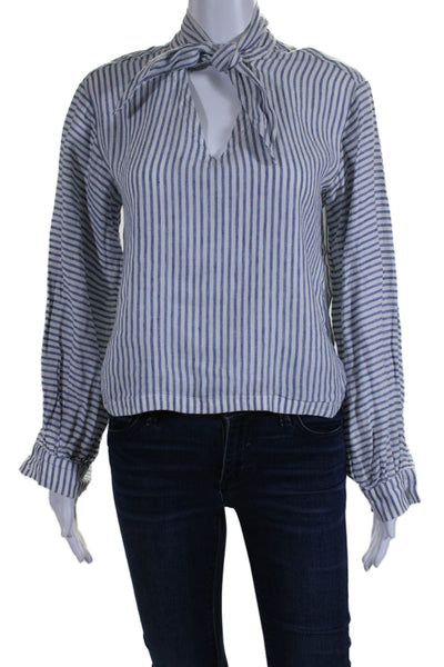 Frame Women's V-Neck Long Sleeves Linen Blouse Blue White Striped Size XS