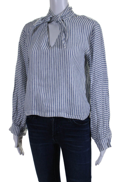 Frame Women's V-Neck Long Sleeves Linen Blouse Blue White Striped Size XS