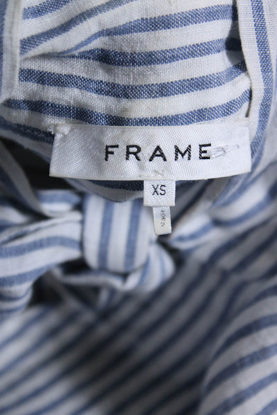 Frame Women's V-Neck Long Sleeves Linen Blouse Blue White Striped Size XS