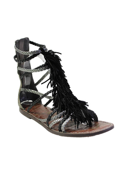 Sam Edelman Womens Silver Black Braided Strappy Fringe Sandals Shoes Size 8M