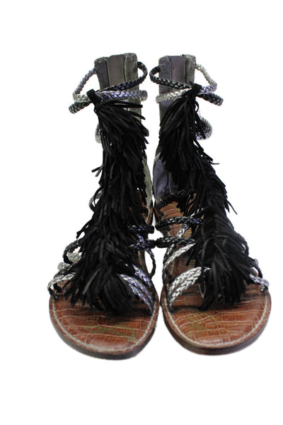 Sam Edelman Womens Silver Black Braided Strappy Fringe Sandals Shoes Size 8M