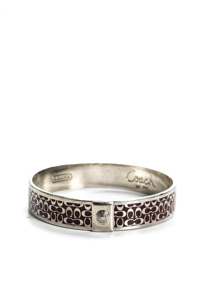 Coach Silver Tone C Monogram Signature Engraved Bangle Bracelet Burgundy Red