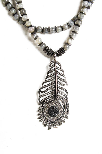 Sheryl Lowe Womens Silver Tone Labradorite Bead Diamond Accent Feather Pendant N