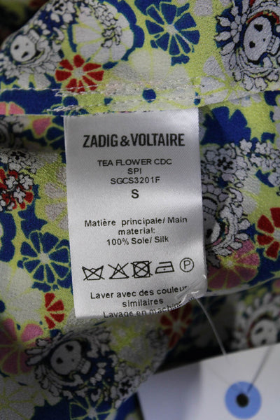 Zadig & Voltaire Womens Cold Shoulder V Neck Floral Silk Top White Blue Small